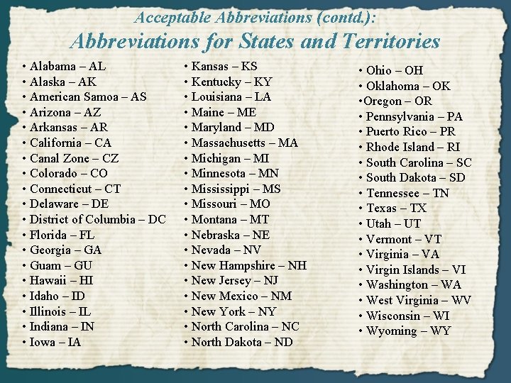Acceptable Abbreviations (contd. ): Abbreviations for States and Territories • Alabama – AL •