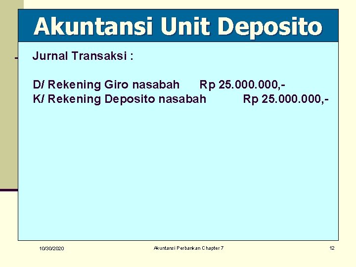 Akuntansi Unit Deposito Jurnal Transaksi : D/ Rekening Giro nasabah Rp 25. 000, K/