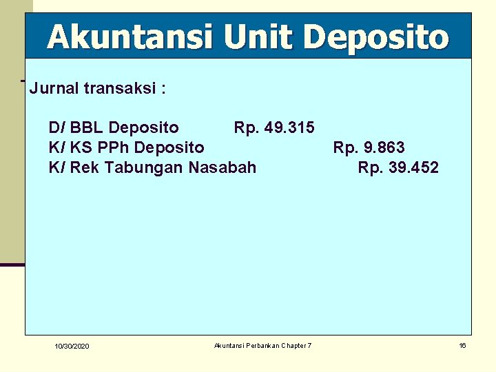 Akuntansi Unit Deposito Jurnal transaksi : D/ BBL Deposito Rp. 49. 315 K/ KS