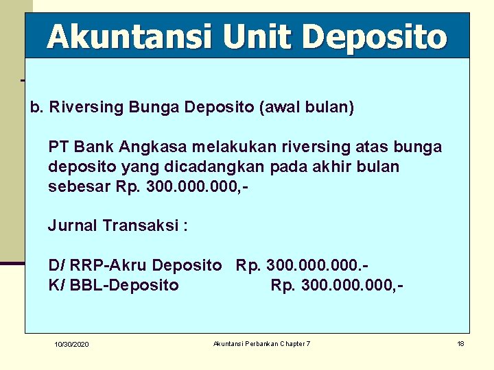 Akuntansi Unit Deposito b. Riversing Bunga Deposito (awal bulan) PT Bank Angkasa melakukan riversing