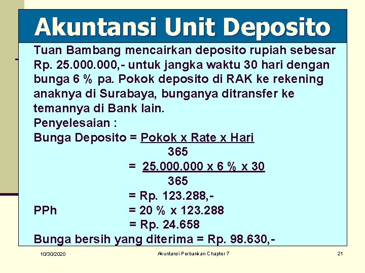 Akuntansi Unit Deposito Tuan Bambang mencairkan deposito rupiah sebesar Rp. 25. 000, - untuk