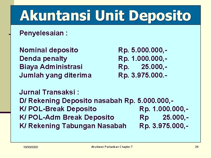 Akuntansi Unit Deposito Penyelesaian : Nominal deposito Denda penalty Biaya Administrasi Jumlah yang diterima