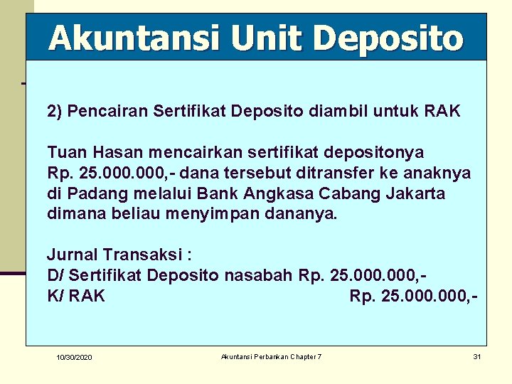 Akuntansi Unit Deposito 2) Pencairan Sertifikat Deposito diambil untuk RAK Tuan Hasan mencairkan sertifikat