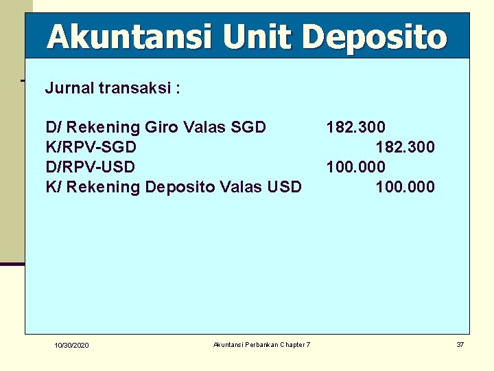 Akuntansi Unit Deposito Jurnal transaksi : D/ Rekening Giro Valas SGD K/RPV-SGD D/RPV-USD K/