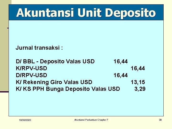 Akuntansi Unit Deposito Jurnal transaksi : D/ BBL - Deposito Valas USD 16, 44