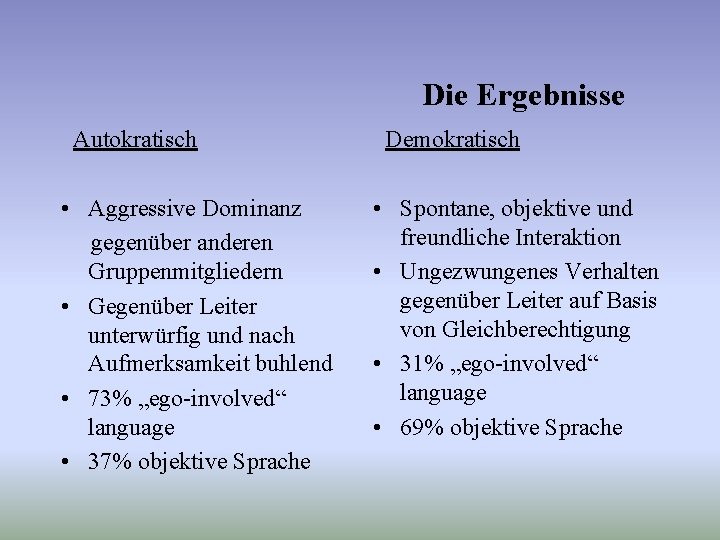 Die Ergebnisse Autokratisch • Aggressive Dominanz gegenüber anderen Gruppenmitgliedern • Gegenüber Leiter unterwürfig und
