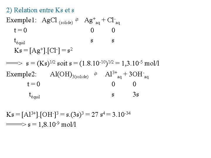 2) Relation entre Ks et s Exemple 1: Ag. Cl (solide) ⇌ Ag+aq +