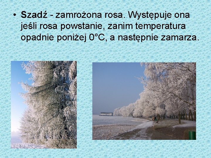  • Szadź - zamrożona rosa. Występuje ona jeśli rosa powstanie, zanim temperatura opadnie