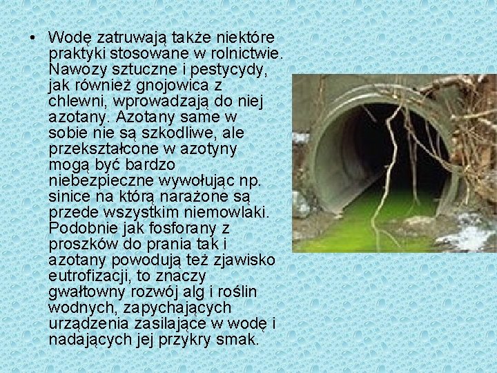  • Wodę zatruwają także niektóre praktyki stosowane w rolnictwie. Nawozy sztuczne i pestycydy,