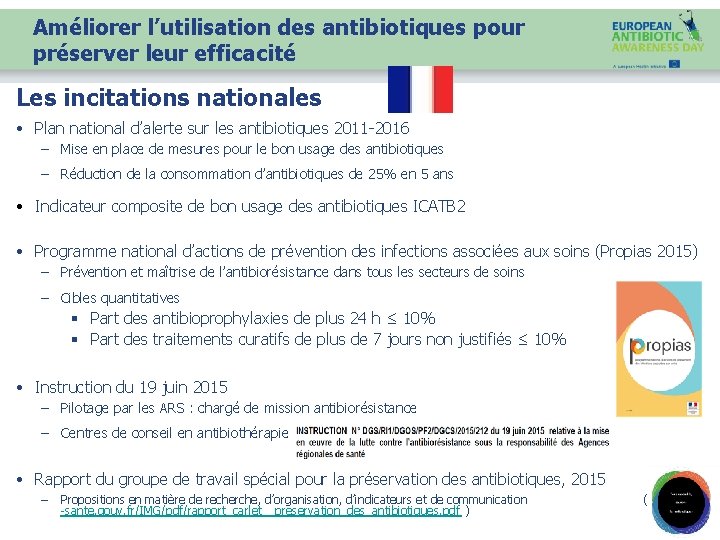 Améliorer l’utilisation des antibiotiques pour préserver leur efficacité Les incitations nationales • Plan national