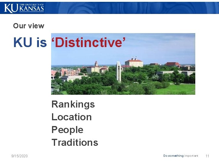 Our view KU is ‘Distinctive’ Rankings Location People Traditions 9/15/2020 Do something important 11