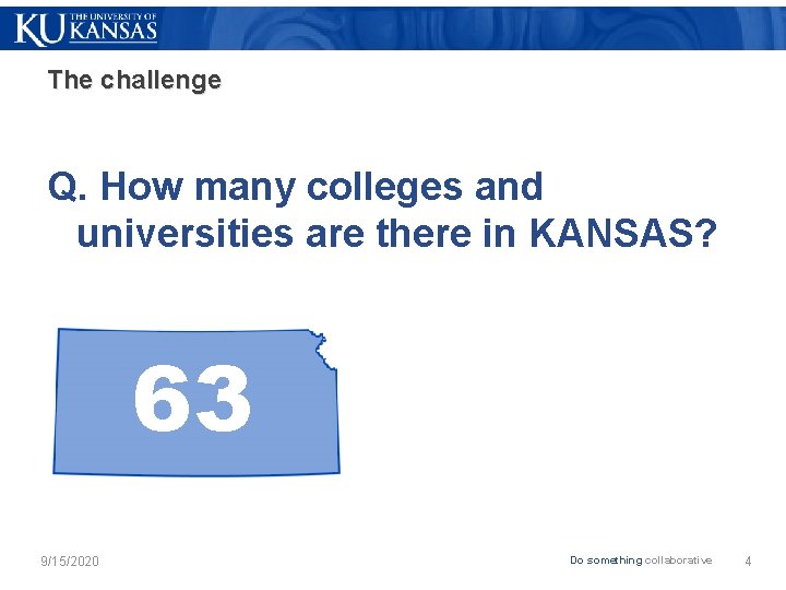 The challenge Q. How many colleges and universities are there in KANSAS? 63 9/15/2020