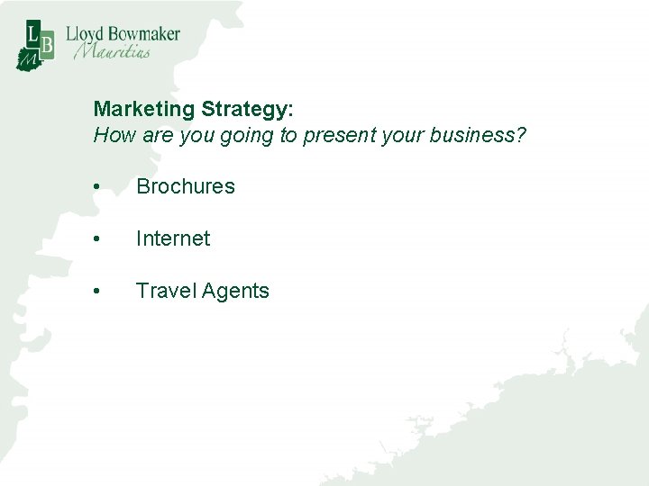 Marketing Strategy: How are you going to present your business? • Brochures • Internet