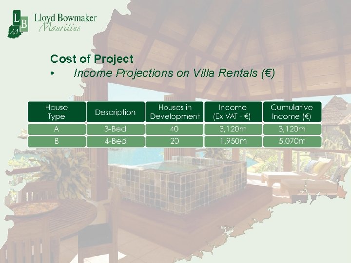Cost of Project • Income Projections on Villa Rentals (€) 
