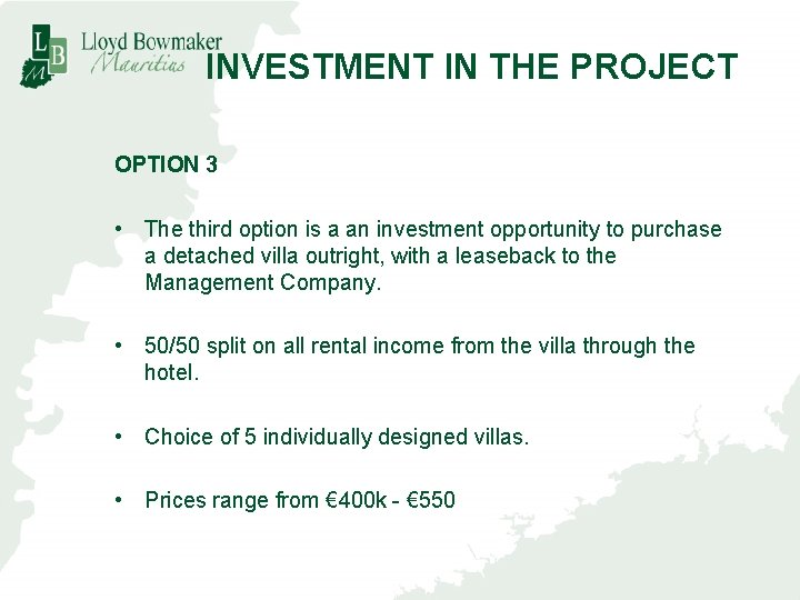 INVESTMENT IN THE PROJECT OPTION 3 • The third option is a an investment