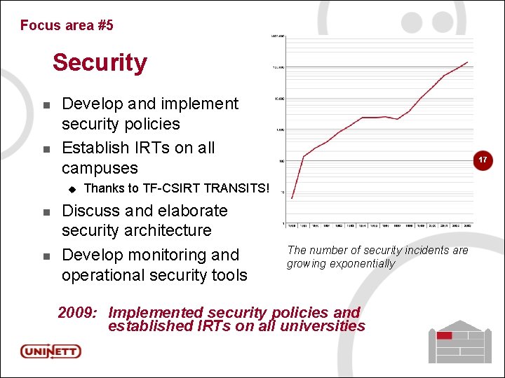 Focus area #5 Security n n Develop and implement security policies Establish IRTs on