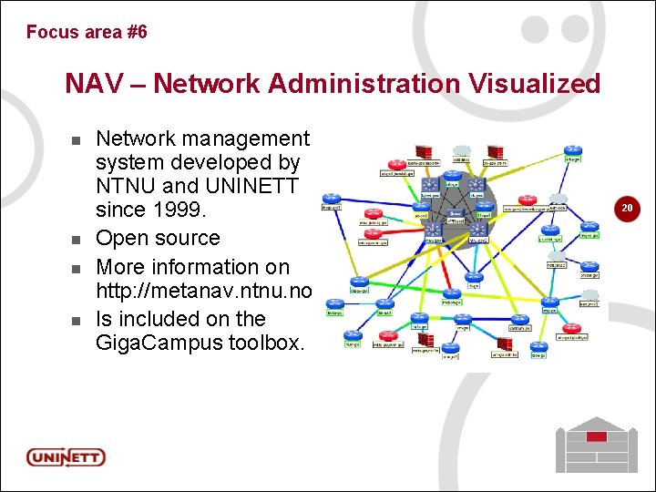 Focus area #6 NAV – Network Administration Visualized n n Network management system developed