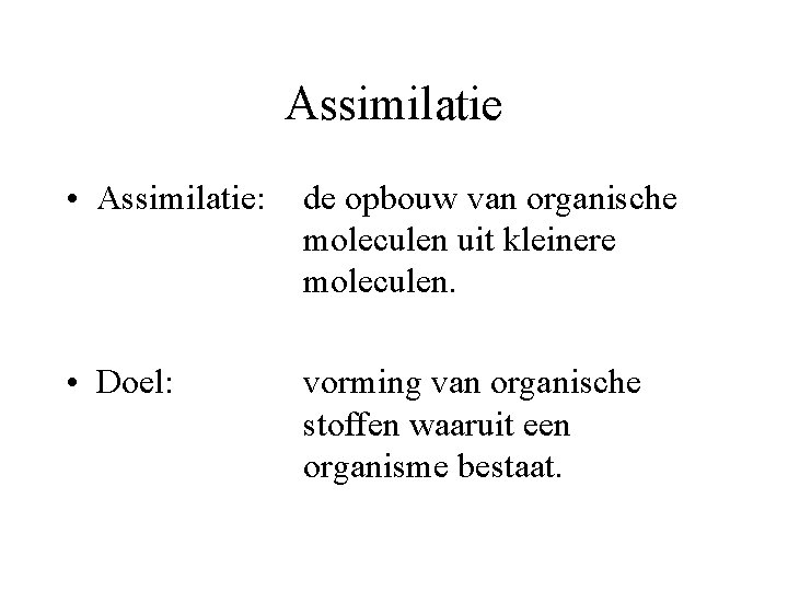 Assimilatie • Assimilatie: de opbouw van organische moleculen uit kleinere moleculen. • Doel: vorming