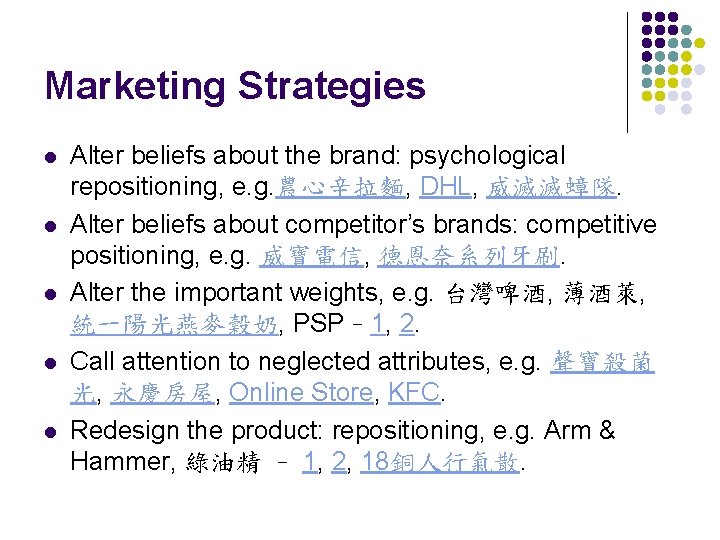 Marketing Strategies l l l Alter beliefs about the brand: psychological repositioning, e. g.