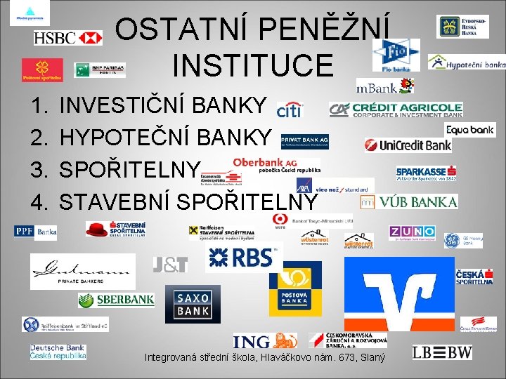 OSTATNÍ PENĚŽNÍ INSTITUCE 1. 2. 3. 4. INVESTIČNÍ BANKY HYPOTEČNÍ BANKY SPOŘITELNY STAVEBNÍ SPOŘITELNY