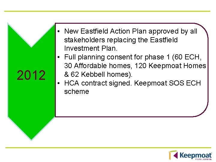 2012 • New Eastfield Action Plan approved by all stakeholders replacing the Eastfield Investment