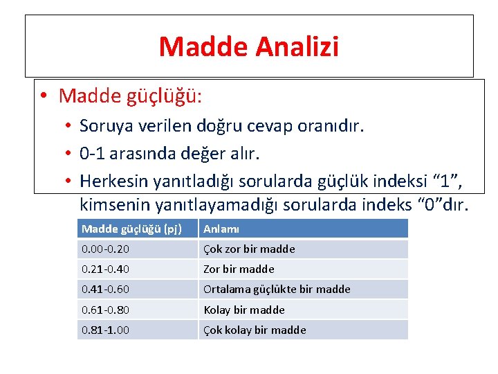 Madde Analizi • Madde güçlüğü: • Soruya verilen doğru cevap oranıdır. • 0 -1