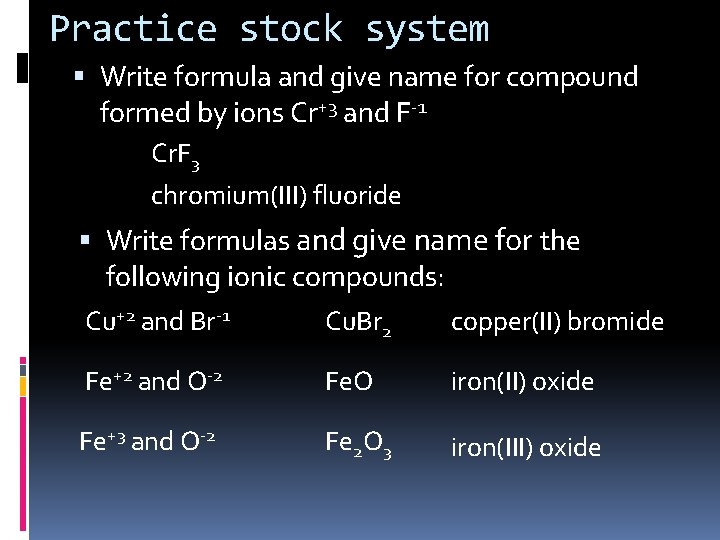 Practice stock system Write formula and give name for compound formed by ions Cr+3