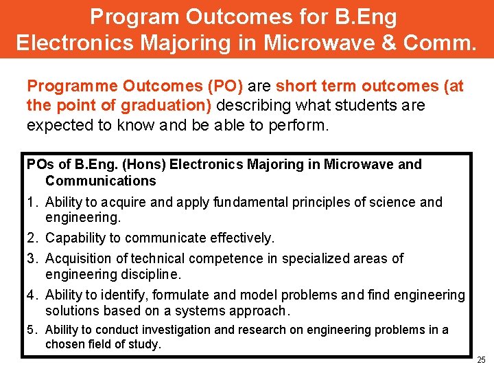 Program Outcomes for B. Eng Electronics Majoring in Microwave & Comm. Programme Outcomes (PO)