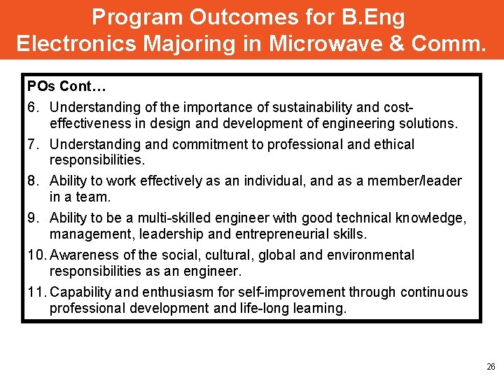 Program Outcomes for B. Eng Electronics Majoring in Microwave & Comm. POs Cont… 6.