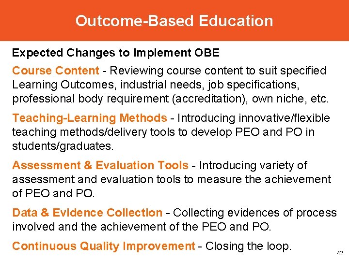 Outcome-Based Education Expected Changes to Implement OBE Course Content - Reviewing course content to