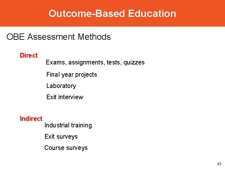 Outcome-Based Education OBE Assessment Methods Direct Exams, assignments, tests, quizzes Final year projects Laboratory