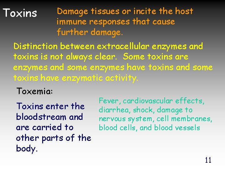 Toxins Damage tissues or incite the host immune responses that cause further damage. Distinction