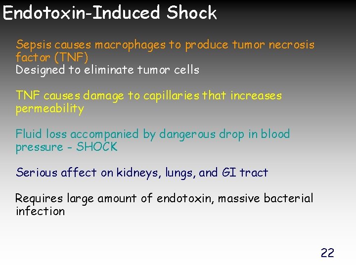 Endotoxin-Induced Shock Sepsis causes macrophages to produce tumor necrosis factor (TNF) Designed to eliminate