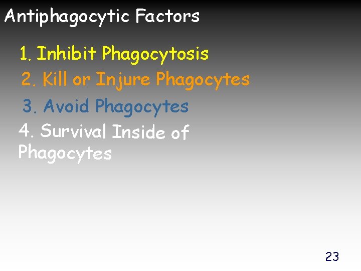 Antiphagocytic Factors 1. Inhibit Phagocytosis 2. Kill or Injure Phagocytes 3. Avoid Phagocytes 4.
