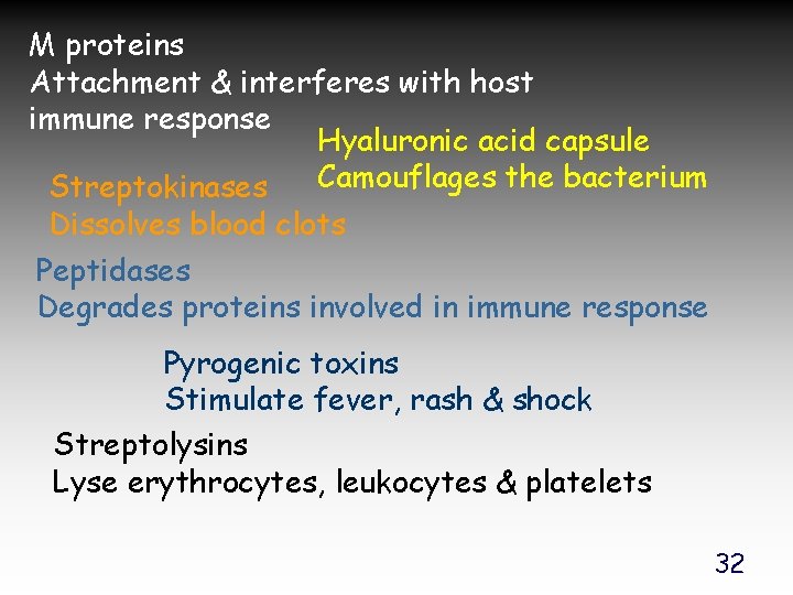 M proteins Attachment & interferes with host immune response Hyaluronic acid capsule Camouflages the