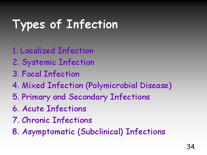 Types of Infection 1. Localized Infection 2. Systemic Infection 3. Focal Infection 4. Mixed