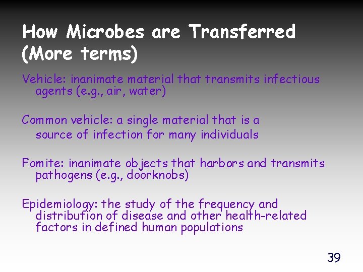 How Microbes are Transferred (More terms) Vehicle: inanimaterial that transmits infectious agents (e. g.