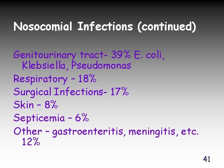 Nosocomial Infections (continued) Genitourinary tract- 39% E. coli, Klebsiella, Pseudomonas Respiratory – 18% Surgical