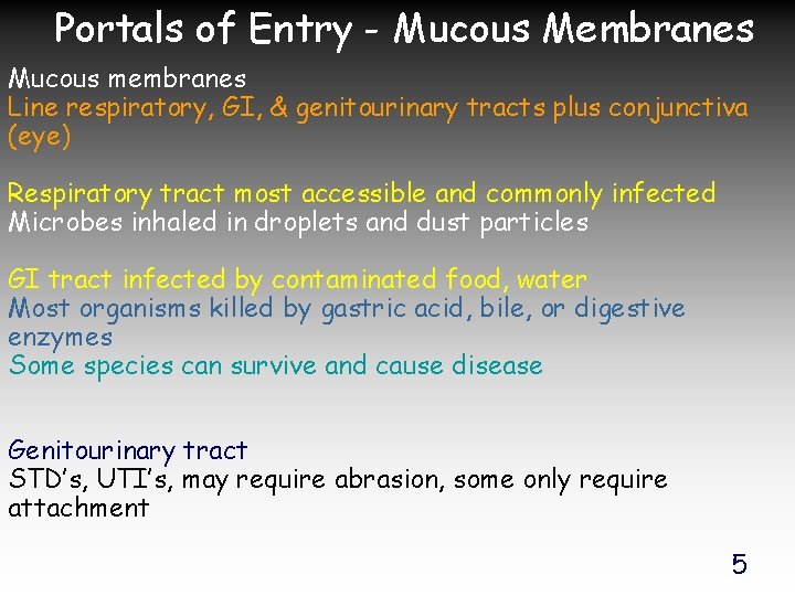 Portals of Entry - Mucous Membranes Mucous membranes Line respiratory, GI, & genitourinary tracts