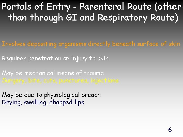 Portals of Entry - Parenteral Route (other than through GI and Respiratory Route) Involves