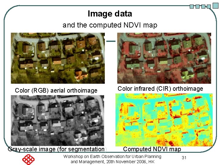 Image data and the computed NDVI map Color (RGB) aerial orthoimage Gray-scale image (for