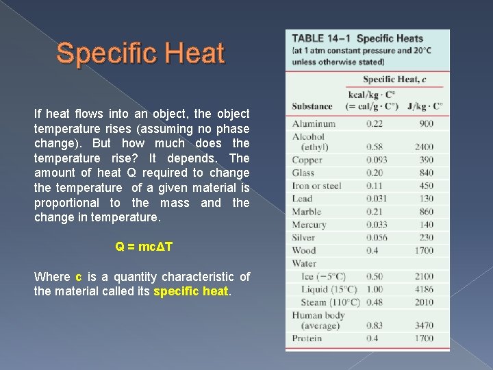 Specific Heat If heat flows into an object, the object temperature rises (assuming no