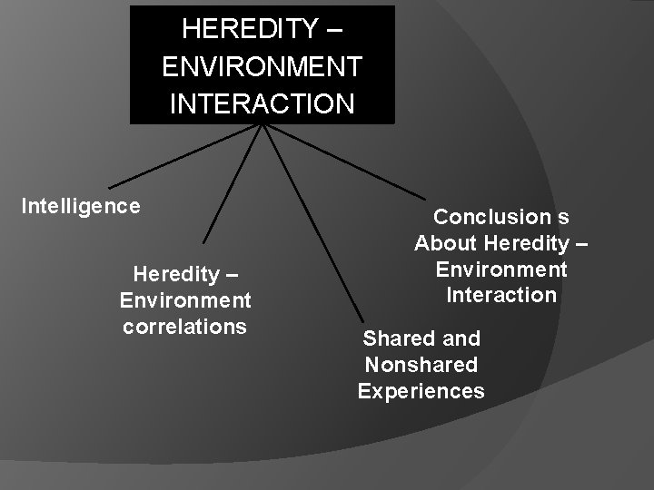 HEREDITY – ENVIRONMENT INTERACTION Intelligence Heredity – Environment correlations Conclusion s About Heredity –