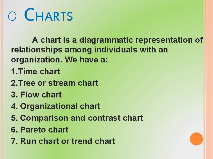 O CHARTS A chart is a diagrammatic representation of relationships among individuals with an