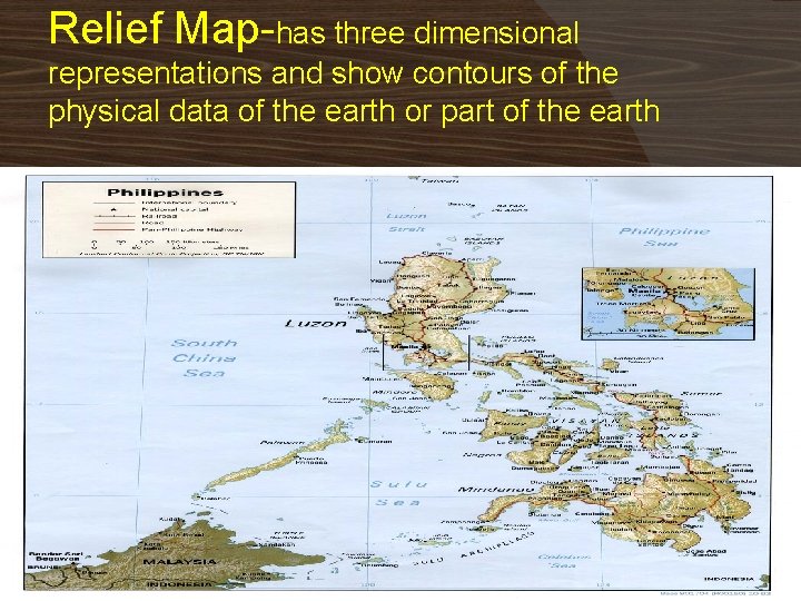 Relief Map-has three dimensional representations and show contours of the physical data of the