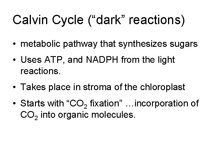 Calvin Cycle (“dark” reactions) • metabolic pathway that synthesizes sugars • Uses ATP, and