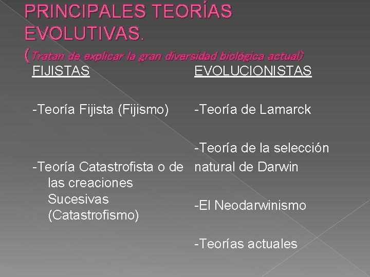 PRINCIPALES TEORÍAS EVOLUTIVAS. (Tratan de explicar la gran diversidad biológica actual) FIJISTAS EVOLUCIONISTAS -Teoría