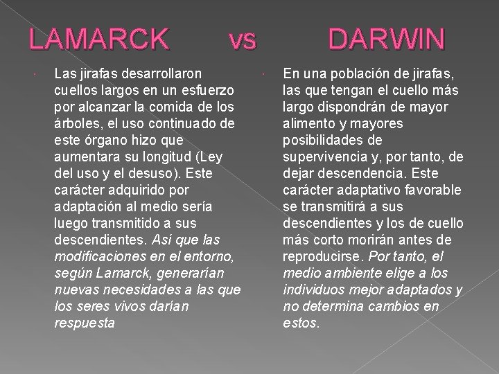 LAMARCK vs Las jirafas desarrollaron cuellos largos en un esfuerzo por alcanzar la comida