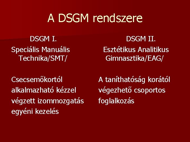 A DSGM rendszere DSGM I. Speciális Manuális Technika/SMT/ Csecsemőkortól alkalmazható kézzel végzett izommozgatás egyéni