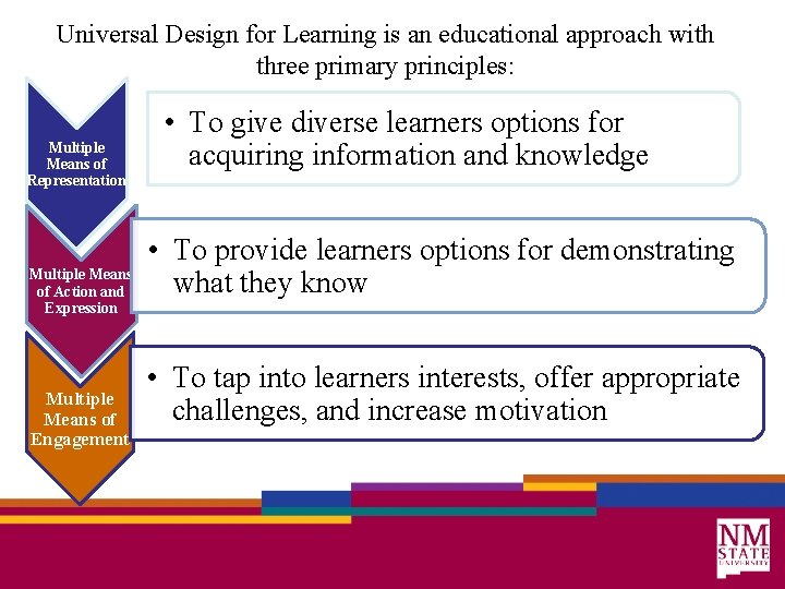 Universal Design for Learning is an educational approach with three primary principles: Multiple Means